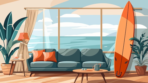 Vector a cartoon illustration of a living room with a couch and a table with a coffee cup