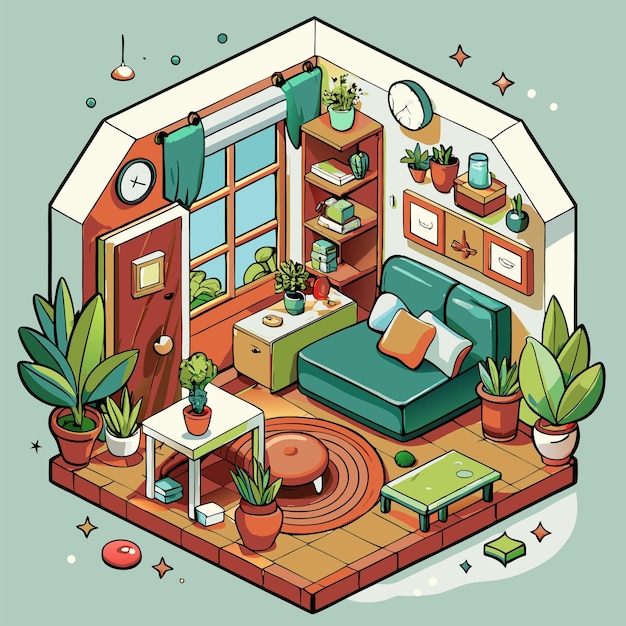 Vector a cartoon illustration of a living room with a couch and a table