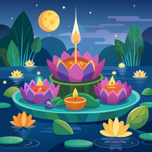 a cartoon illustration of a lotus flower with a floating candle in the middle