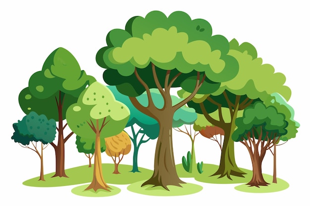 Cartoon Illustration of a Lush Green Forest with Seven Trees