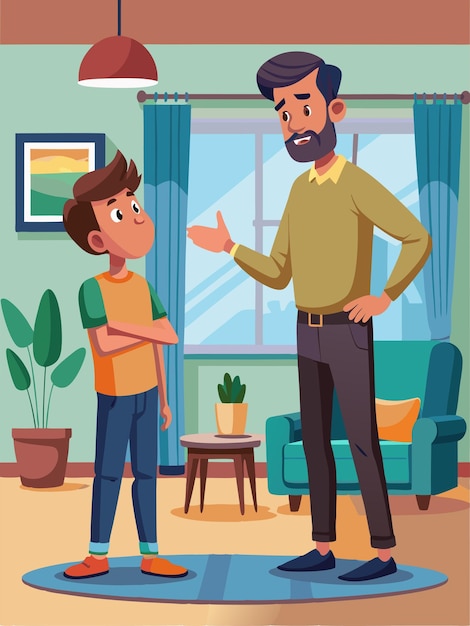 a cartoon illustration of a man and a boy talking to each other