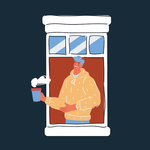 Vector cartoon illustration of man drinks coffee and looks out window on dark backround