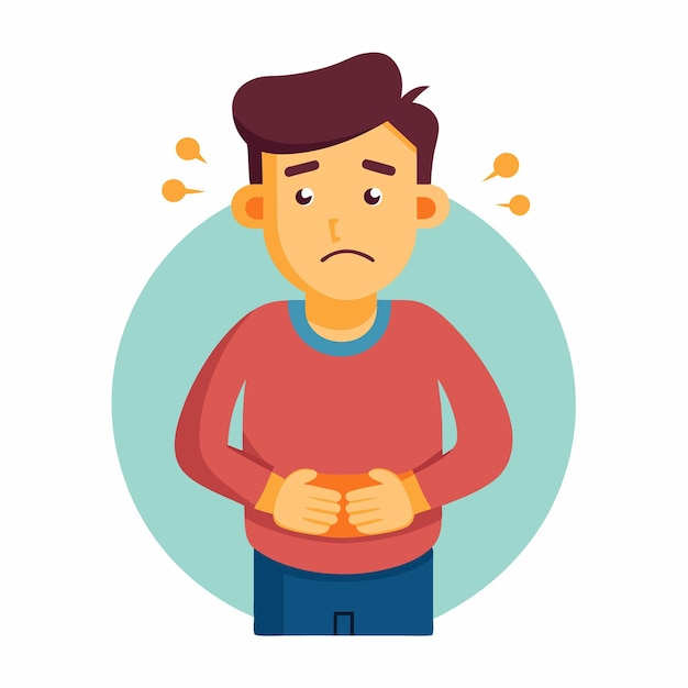 Vector cartoon illustration of a man experiencing intense stomach pain