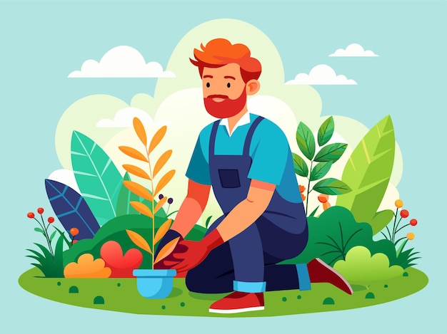 Vector a cartoon illustration of a man in a garden with a beard