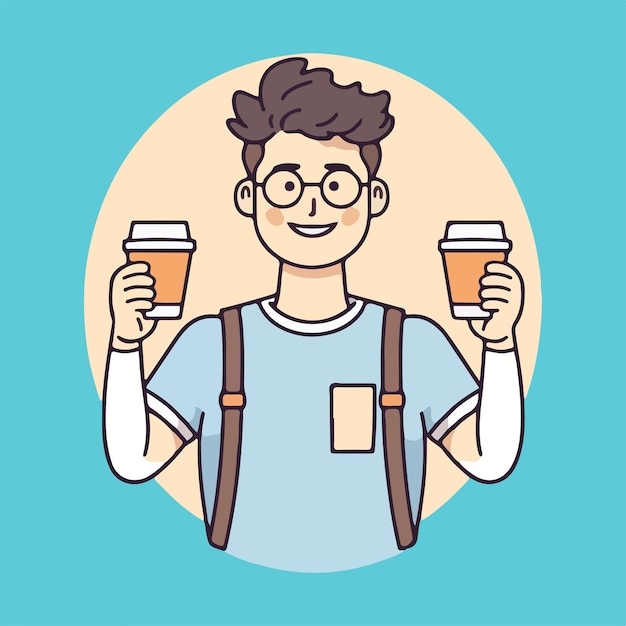 a cartoon illustration of a man holding coffee cups