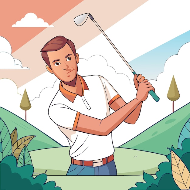 Vector cartoon illustration of a man playing golf