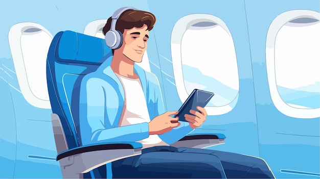 a cartoon illustration of a man reading a book in an airplane