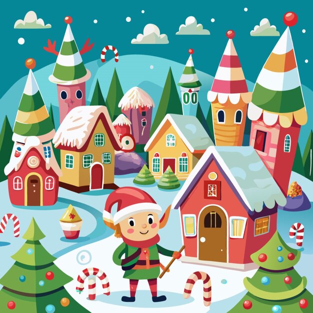 Vector a cartoon illustration of a man in a santa suit and a gingerbread house with a christmas tree in the background