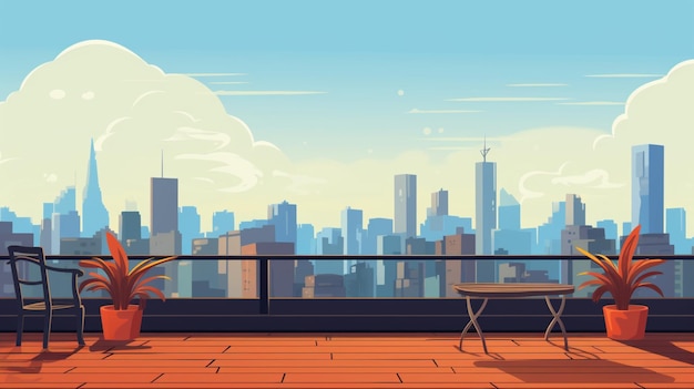 Vector a cartoon illustration of a man sitting on a balcony with a view of the city