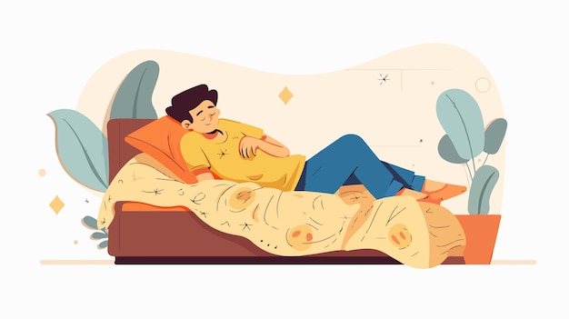 Vector a cartoon illustration of a man sleeping on a bed with a blue bear