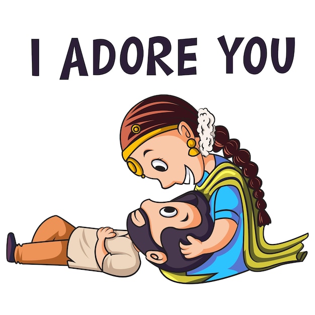 Cartoon illustration of man sleeping in woman lap saying I adore you