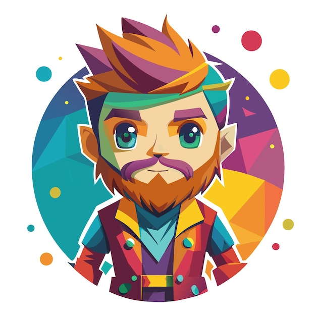 Vector cartoon illustration of a man with a beard and pointy ears in a colorful geometric design