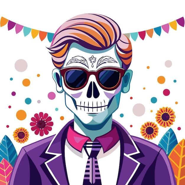 Vector a cartoon illustration of a man with a skull face wearing sunglasses and a suit with a colorful background of flowers leaves and flags