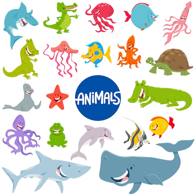 Cartoon Illustration of Marine Animal Characters Set