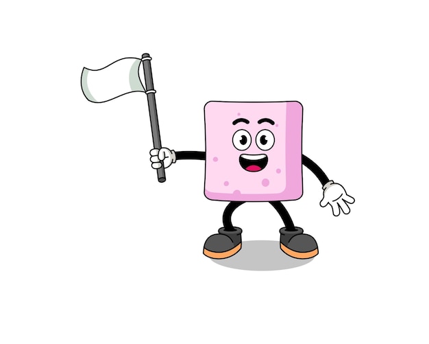 Cartoon Illustration of marshmallow holding a white flag character design