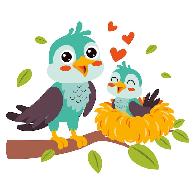 Cartoon Illustration Of Mother And Baby Birds