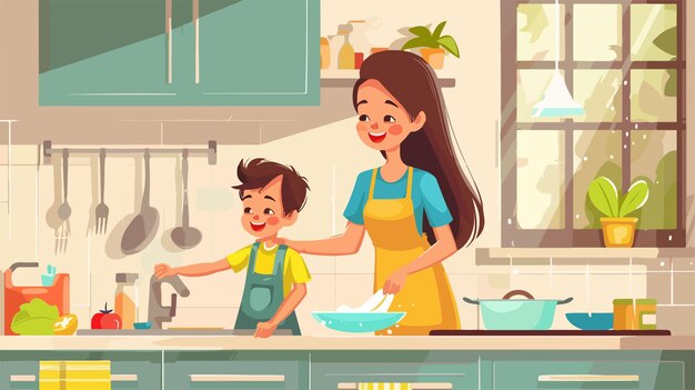 Vector a cartoon illustration of a mother and her child in a kitchen