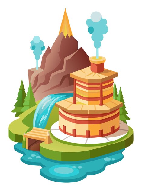 Vector a cartoon illustration of a mountain with a waterfall and a waterfall