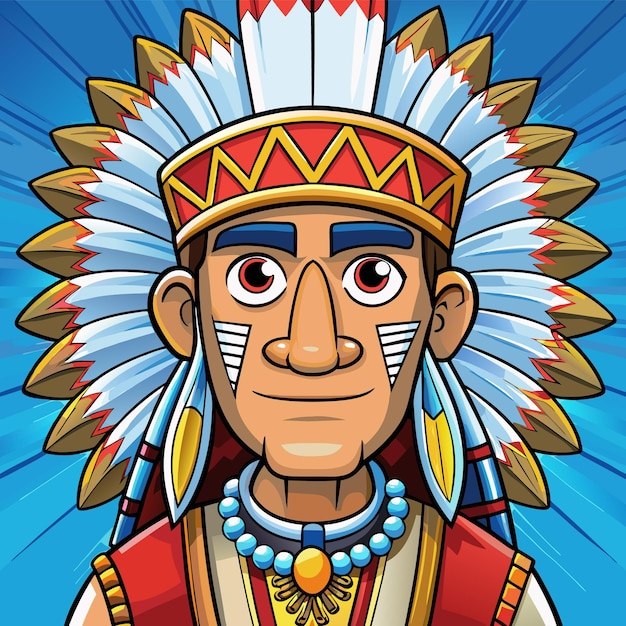 a cartoon illustration of a native american man with a large head and a large feathered head