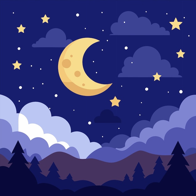 Vector a cartoon illustration of a night sky with a moon and trees