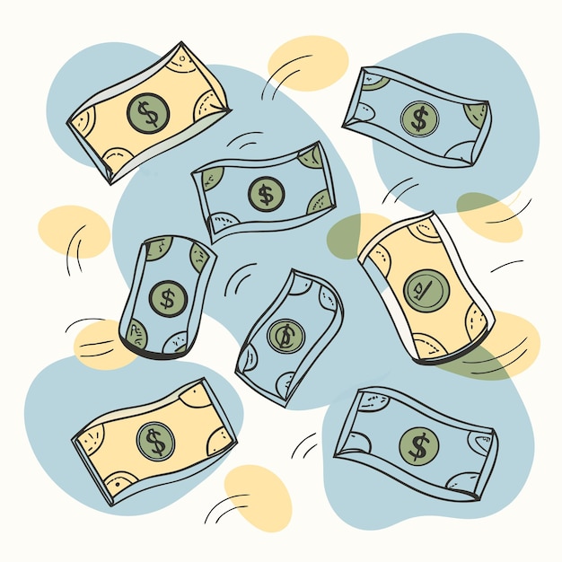 Vector cartoon illustration of nine dollar bills falling with abstract shapes in the background