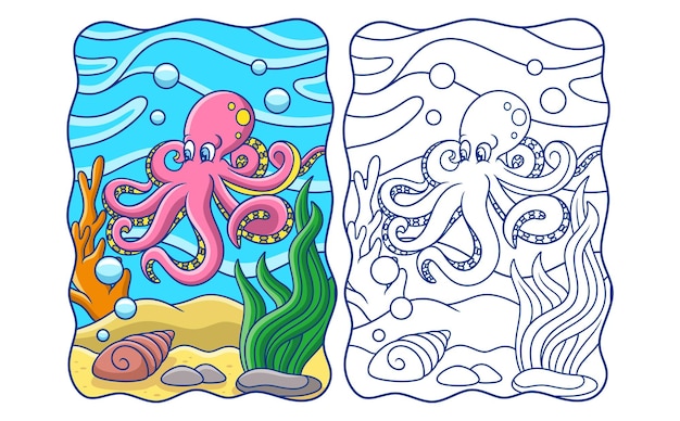 Cartoon illustration the octopus is swimming in the middle of the sea with shells underneath book or page for kids