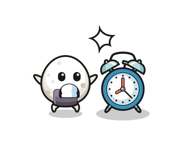 Cartoon Illustration of onigiri is surprised with a giant alarm clock