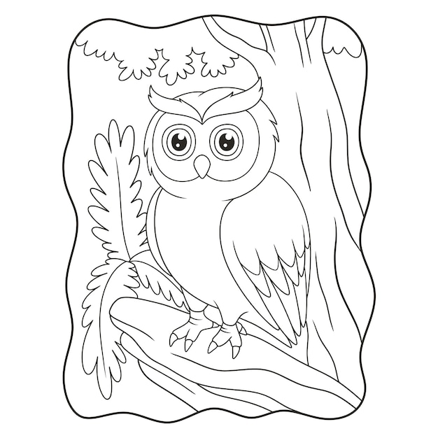 Cartoon illustration an owl perched coolly on a fallen tree trunk in the middle of the forest book or page for kids black and white