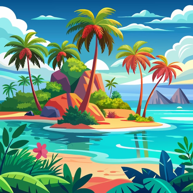 a cartoon illustration of palm trees and the ocean with a beach scene in the background