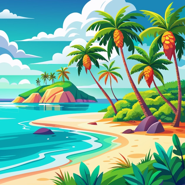 a cartoon illustration of palm trees and the ocean