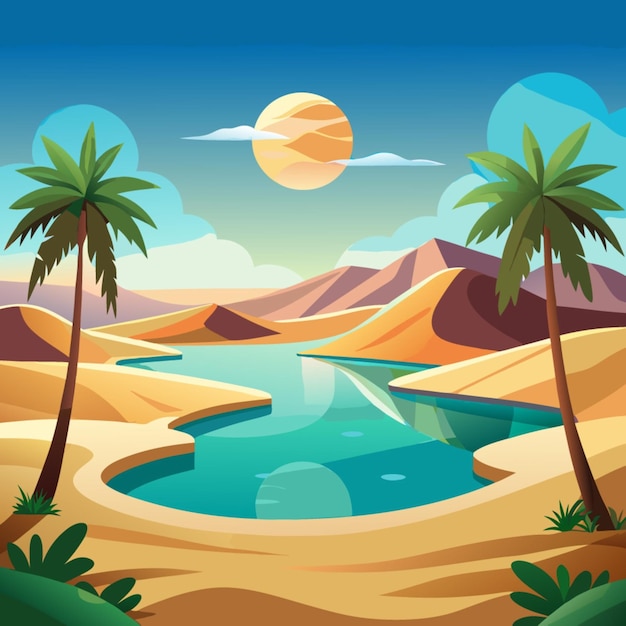 Vector a cartoon illustration of palm trees and a river with a sun in the background