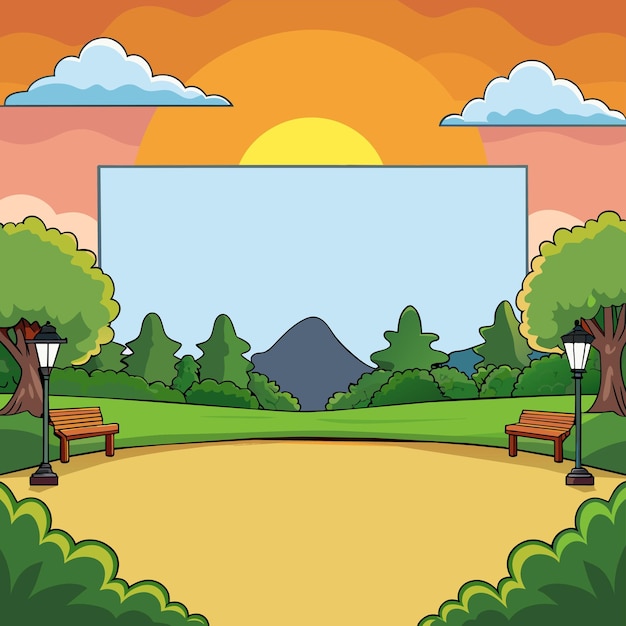 Vector a cartoon illustration of a park with a mountain in the background