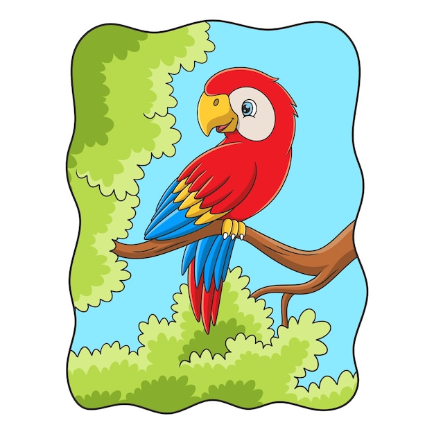 Cartoon illustration the parrot is perched gracefully on a tall tree trunk with its beautiful wings