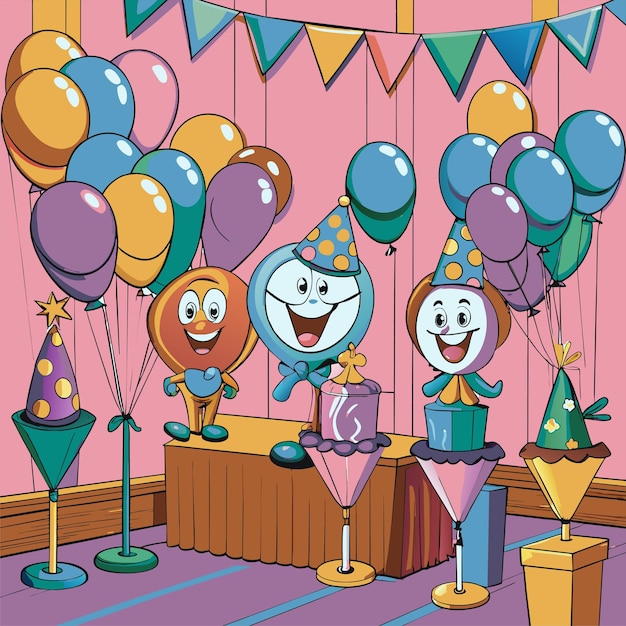 Vector a cartoon illustration of a party with balloons and a birthday cake