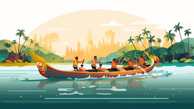 Vector a cartoon illustration of people in a boat with palm trees on the water