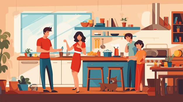 Vector a cartoon illustration of people cooking in a kitchen with a dog and a cat