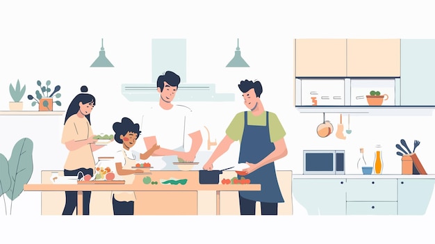 Vector a cartoon illustration of people cooking in a kitchen