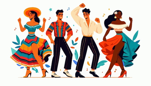 a cartoon illustration of people dancing in colorful clothes