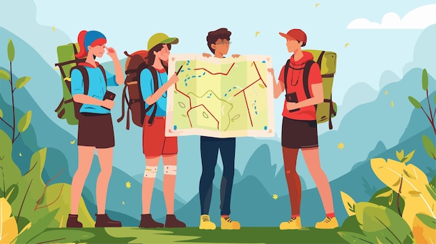 a cartoon illustration of people holding a map and a map of the map