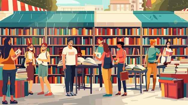 Vector a cartoon illustration of people in a library with books and a book called  the library