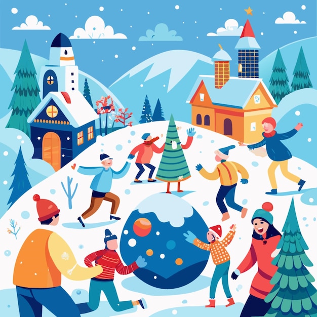 a cartoon illustration of people playing with snowmen and trees