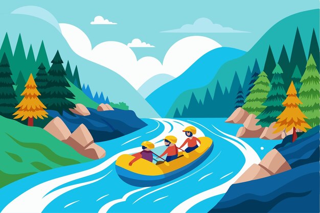 Vector a cartoon illustration of people riding a boat in the water