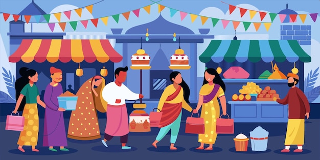 Vector a cartoon illustration of people shopping in a market with a cake on the top