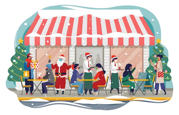 a cartoon illustration of people sitting at tables with a santa hat on it