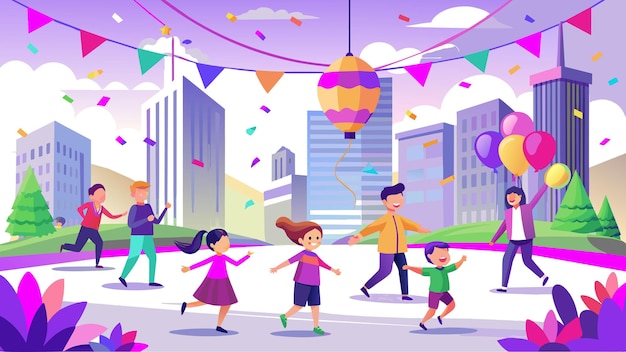 a cartoon illustration of people walking in a city with balloons and a place for a celebration