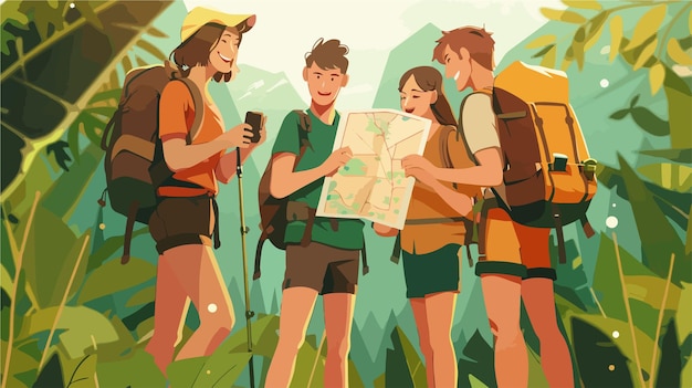 a cartoon illustration of people with a map and a man with a backpack