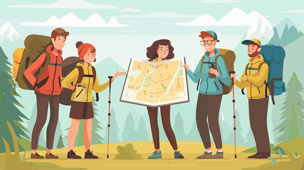 a cartoon illustration of people with a map and a mountain in the background