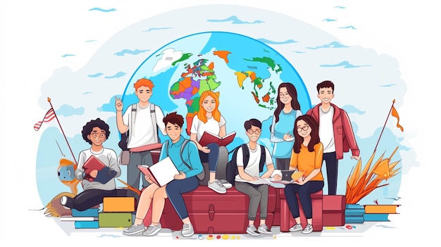 Vector a cartoon illustration of people with a world map and the words  the world