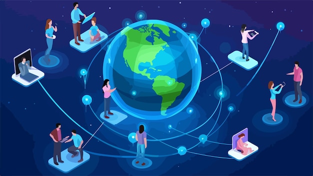 a cartoon illustration of people working around a globe with the world on the top