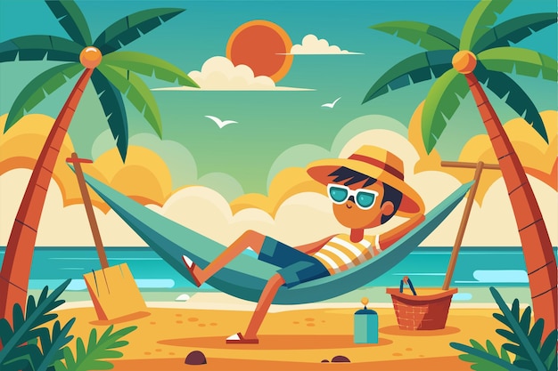 Vector a cartoon illustration of a person relaxing in a hammock on a tropical beach sunbathe in a hammock customizable cartoon illustration